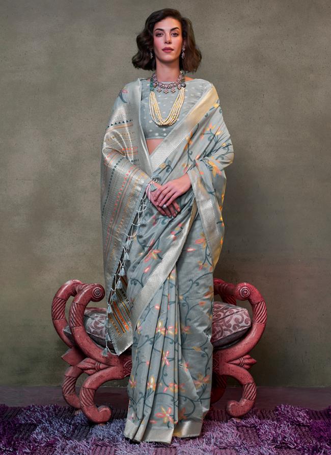 Cotton Grey Wedding Wear Hand Woven Saree